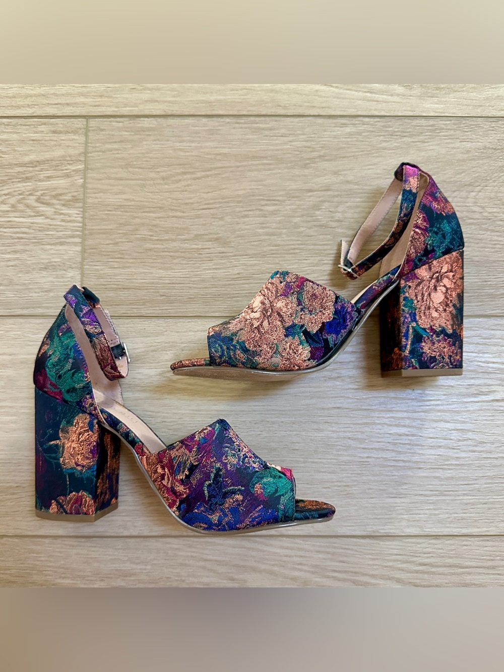 Madden Girl Floral Brocade Tapestry Block Heel Sandals - Copper, Teal, Purple